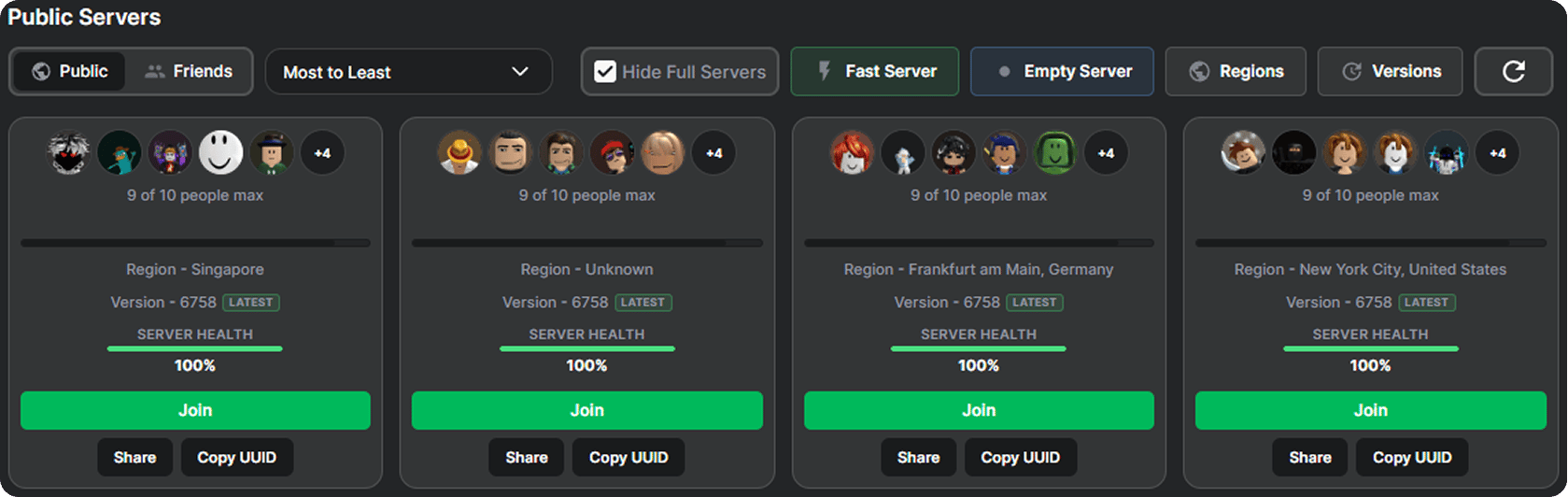 Redesigned public servers list with regions and server health