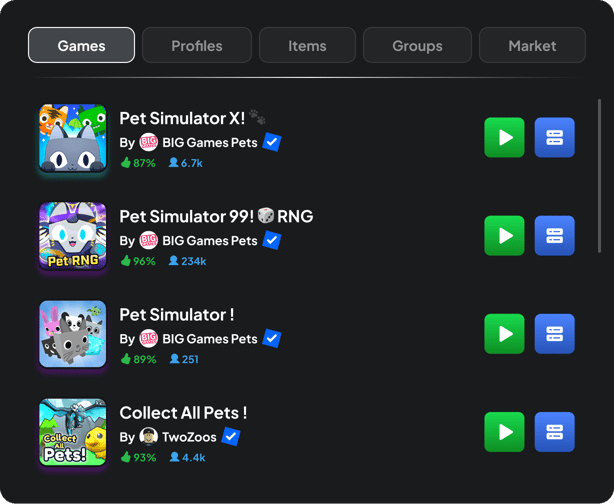 PowerSearch game results for pet simulator